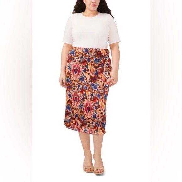 VINCE CAMUTO Tie Waist Midi Skirt Ikat Print Burgundy Orange Plus Size 1X 3X New - Picture 1 of 11